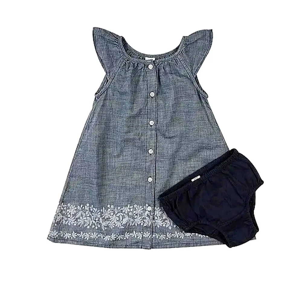 GAP | Blue A-line Button Front Chambray Dress with Floral Detailing
